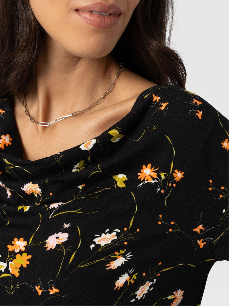 Cowl Neck Tee Long Sleeve - Black Floral