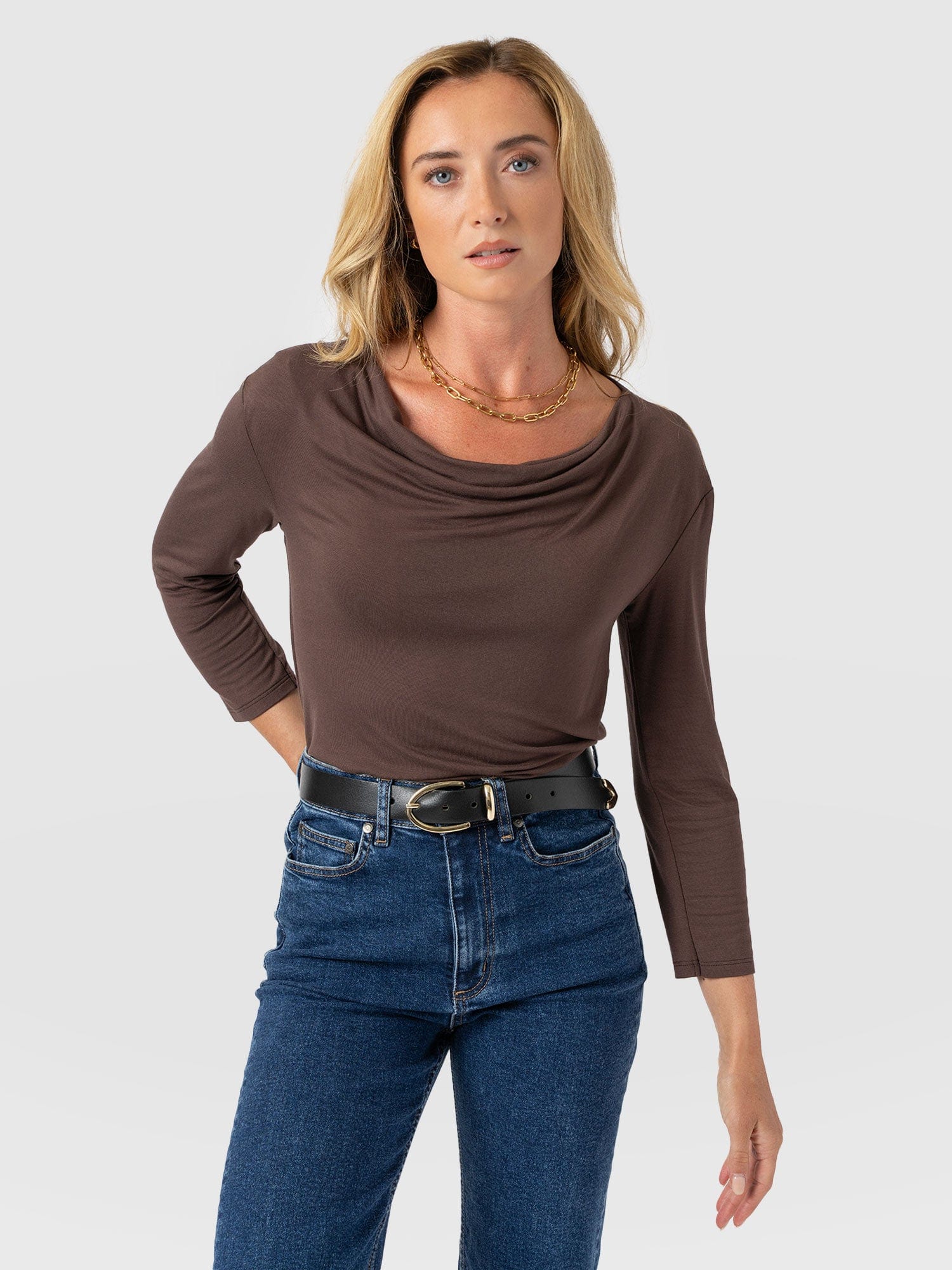 Cowl Neck Tee Long Sleeve - Maroon - Women's T-shirts | Saint + Sofia® UK