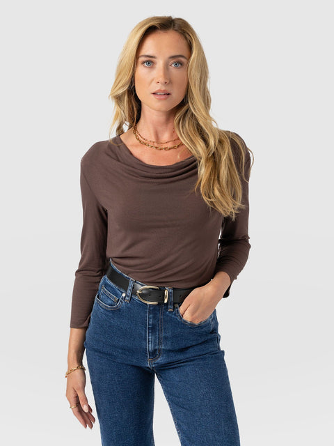Cowl Neck Tee Long Sleeve - Maroon - Women's T-shirts | Saint + Sofia® UK