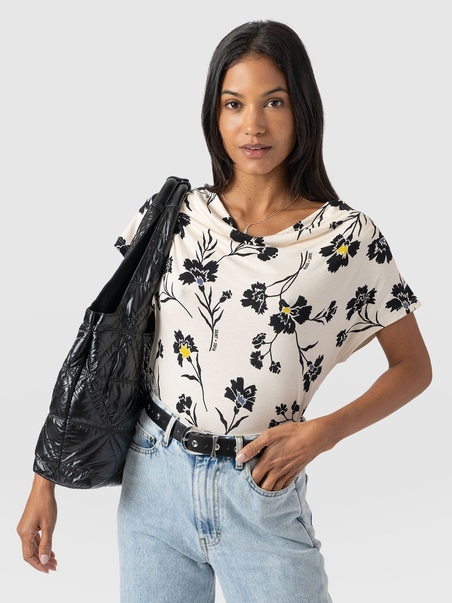 Cowl Neck Tee - White Spring Floral - Women's T-Shirts | Saint + Sofia® UK