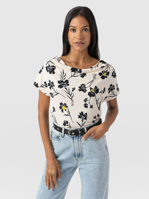 Cowl Neck Tee - White Spring Floral - Women's T-Shirts | Saint + Sofia® UK