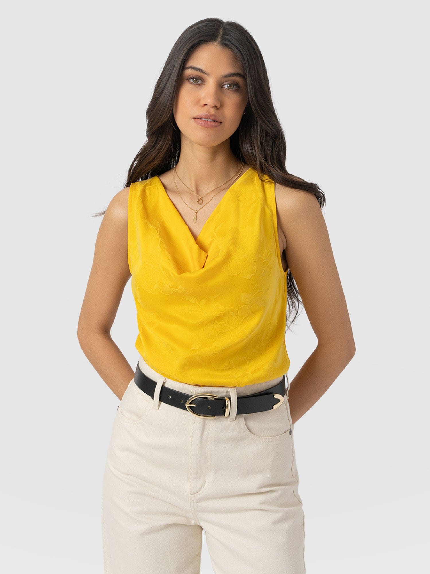 Cowl Neck Cami - Yellow Jacquard - Women's T-shirts | Saint + Sofia® UK