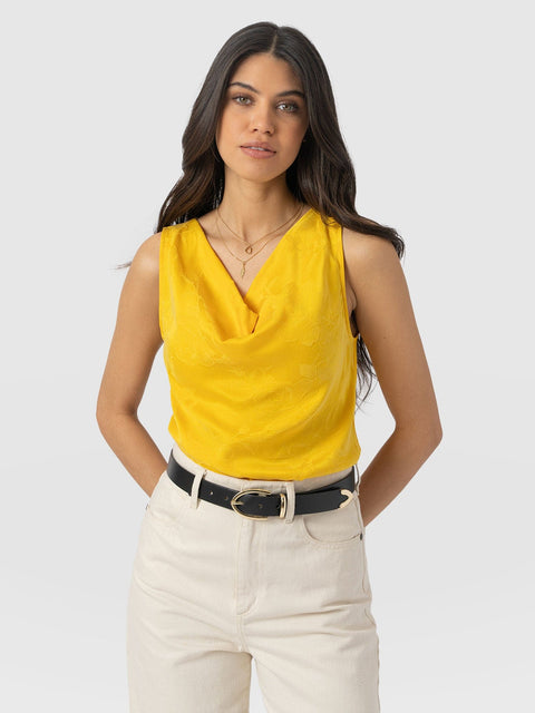 Cowl Neck Cami - Yellow Jacquard - Women's T-shirts | Saint + Sofia® UK