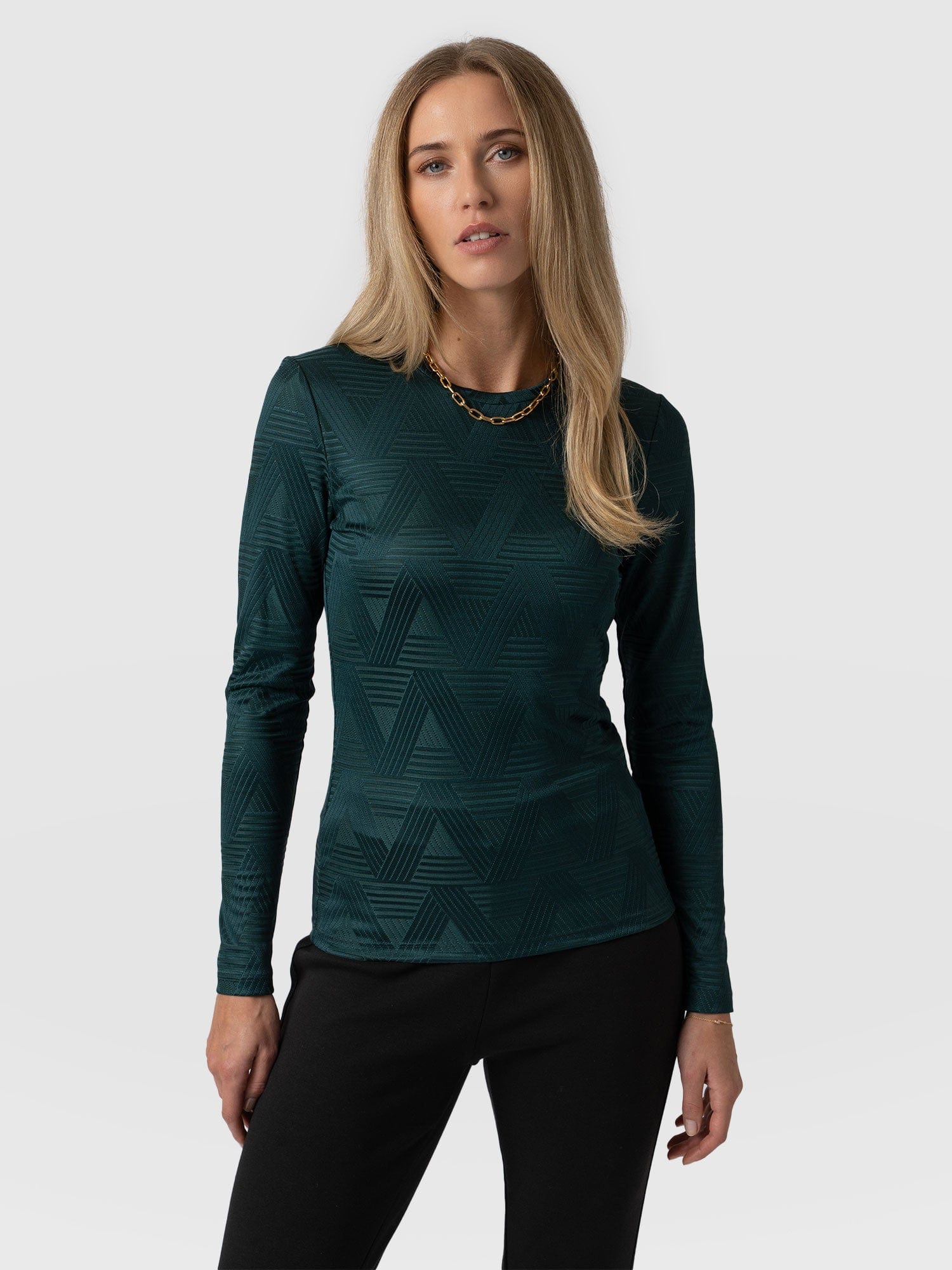 Darcey Long Sleeve Tee - Teal Jacquard