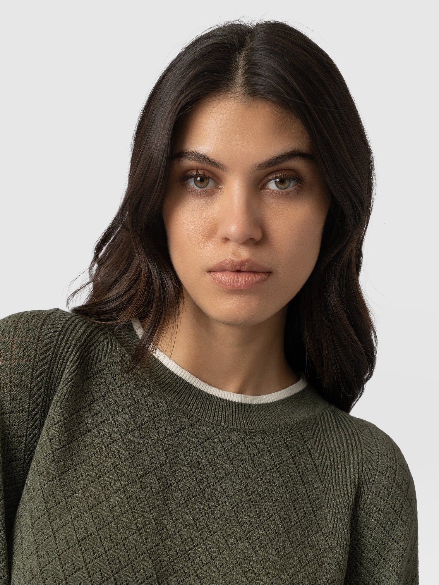 Diamond Knit Jumper Khaki - Women's Jumpers | Saint + Sofia® UK