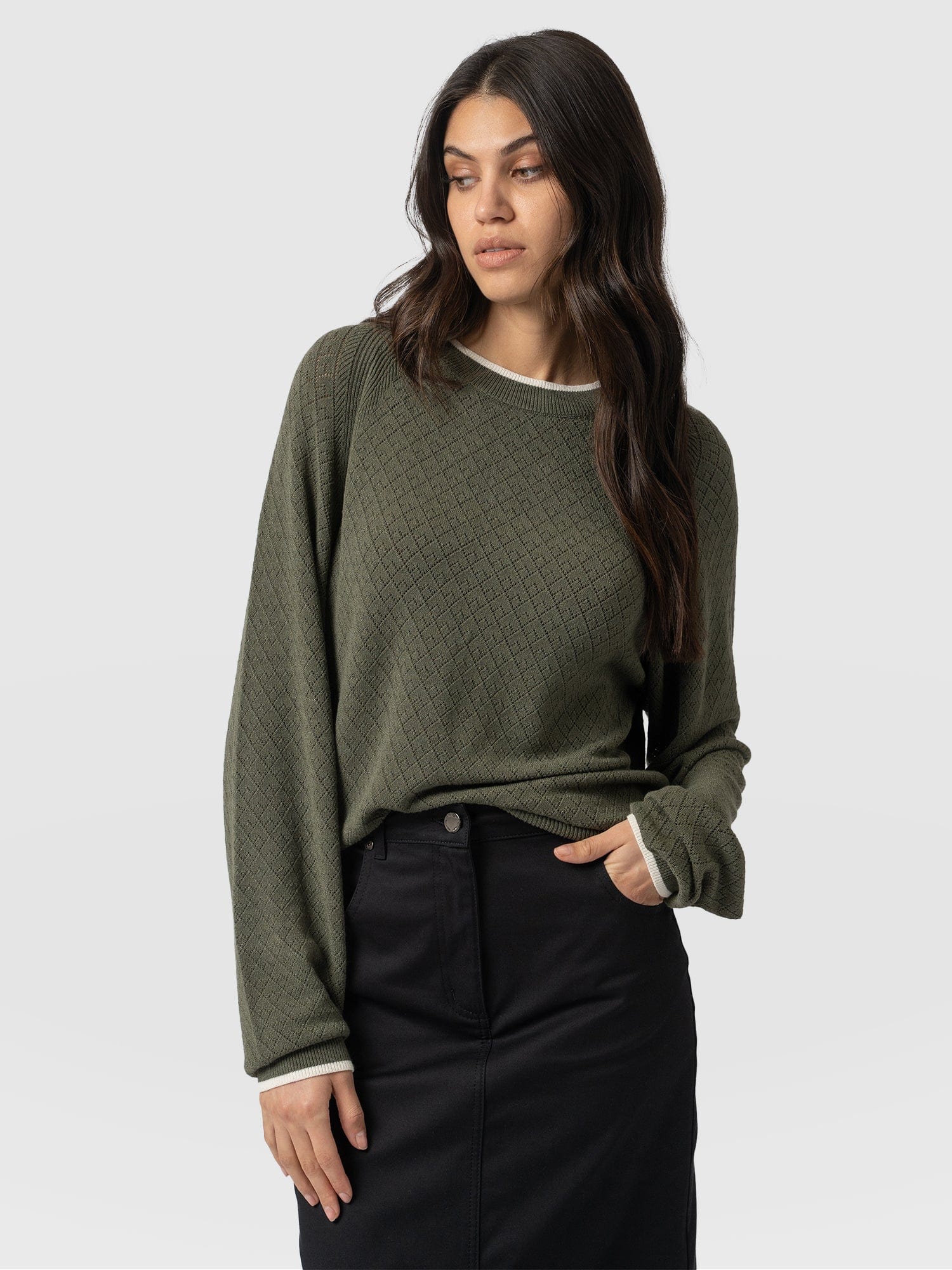 Diamond Knit Jumper Khaki - Women's Jumpers | Saint + Sofia® UK