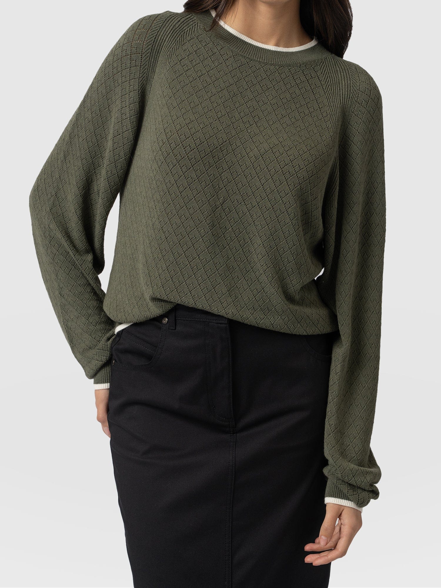 Diamond Knit Jumper Khaki - Women's Jumpers | Saint + Sofia® UK