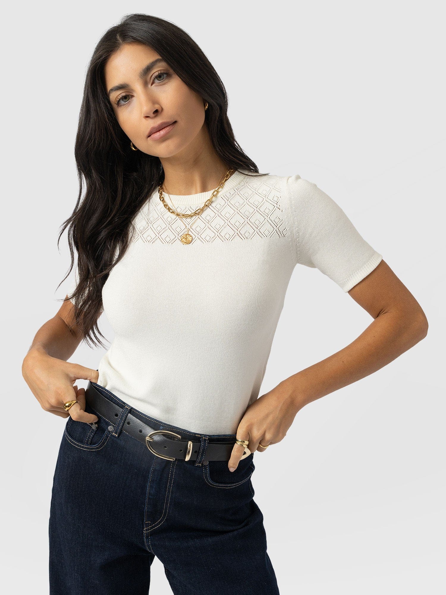Diamond Knit Tee - Cream - Women's Jumpers | Saint + Sofia® UK