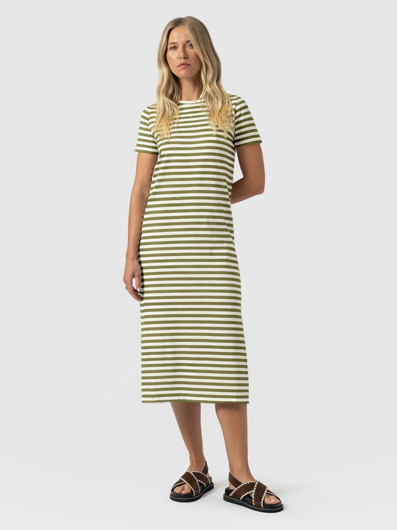 Easy T - Shirt Midi Dress - Green Stripe - Women's Dresses | Saint and Sofia® UK