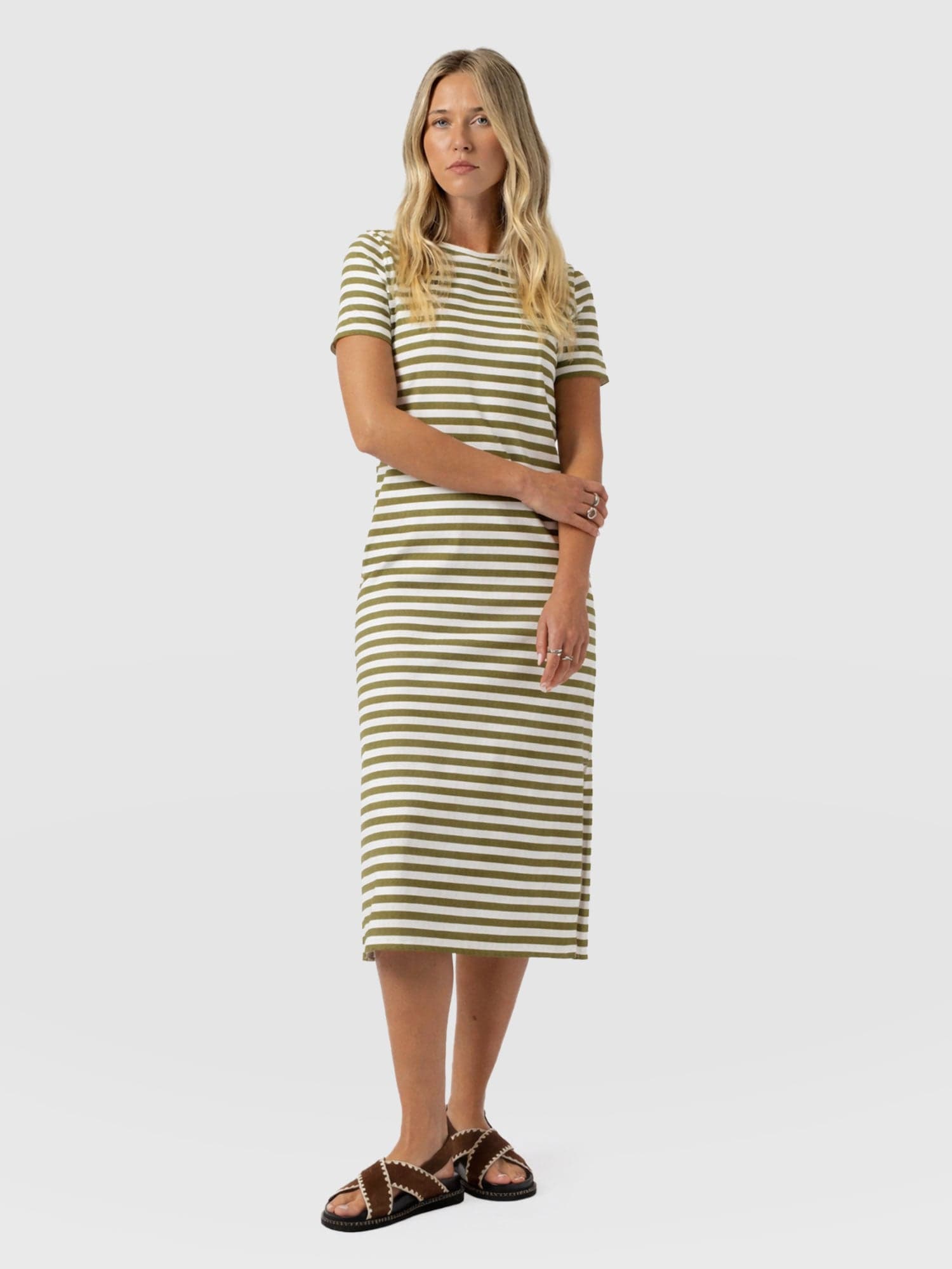 Easy T - Shirt Midi Dress - Green Stripe - Women's Dresses | Saint and Sofia® UK