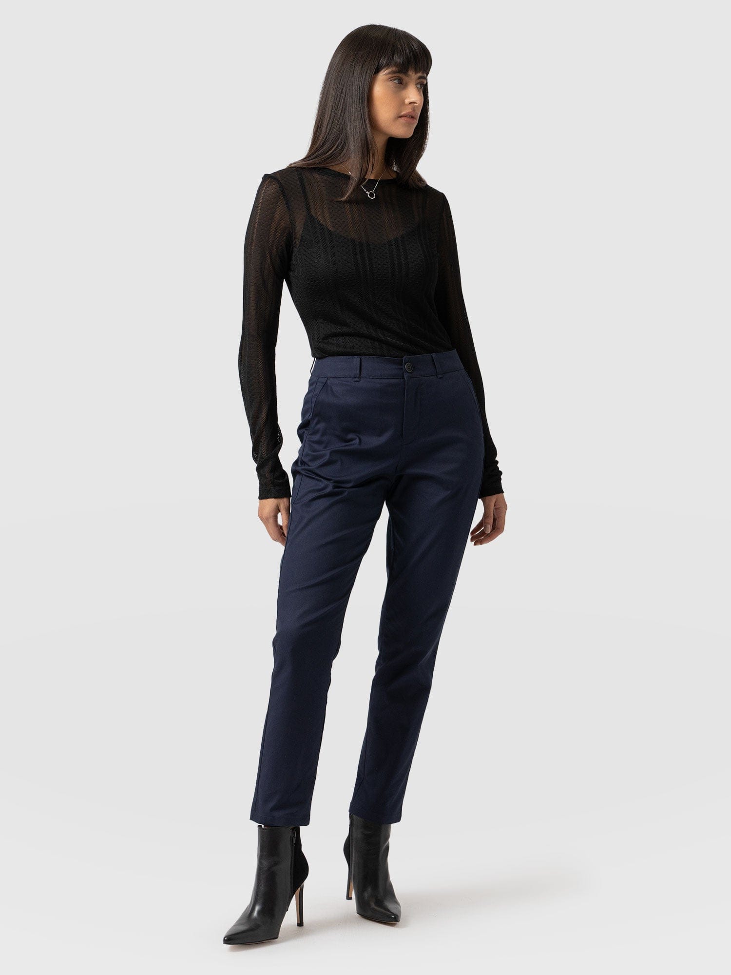 Navy chino trousers store womens