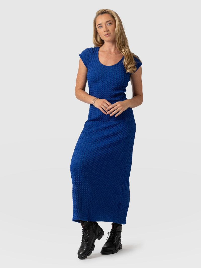 Edna Scoop Neck Midaxi Dress - Blue Jacquard