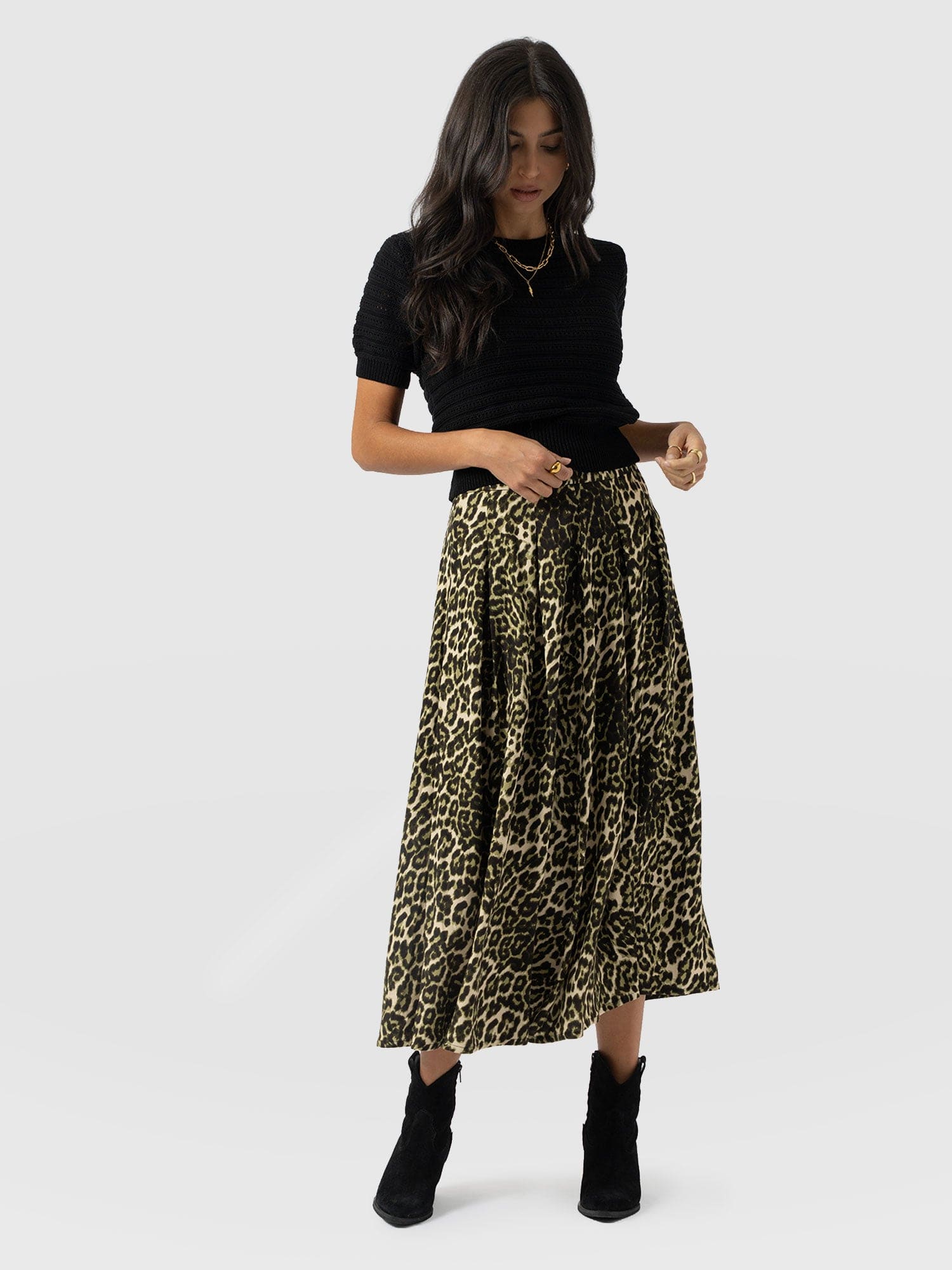 Eliza Pleated Skirt - Green Leopard