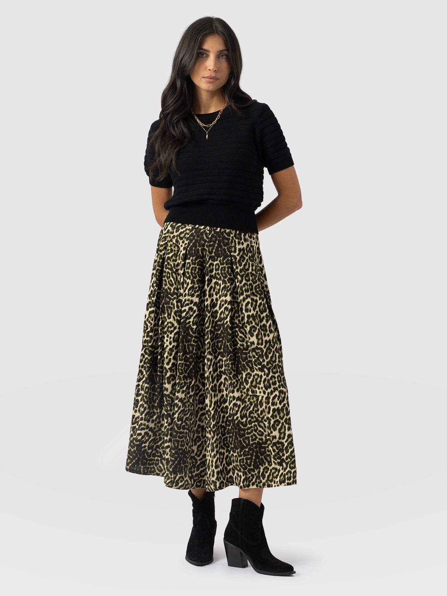 Eliza Pleated Skirt - Green Leopard