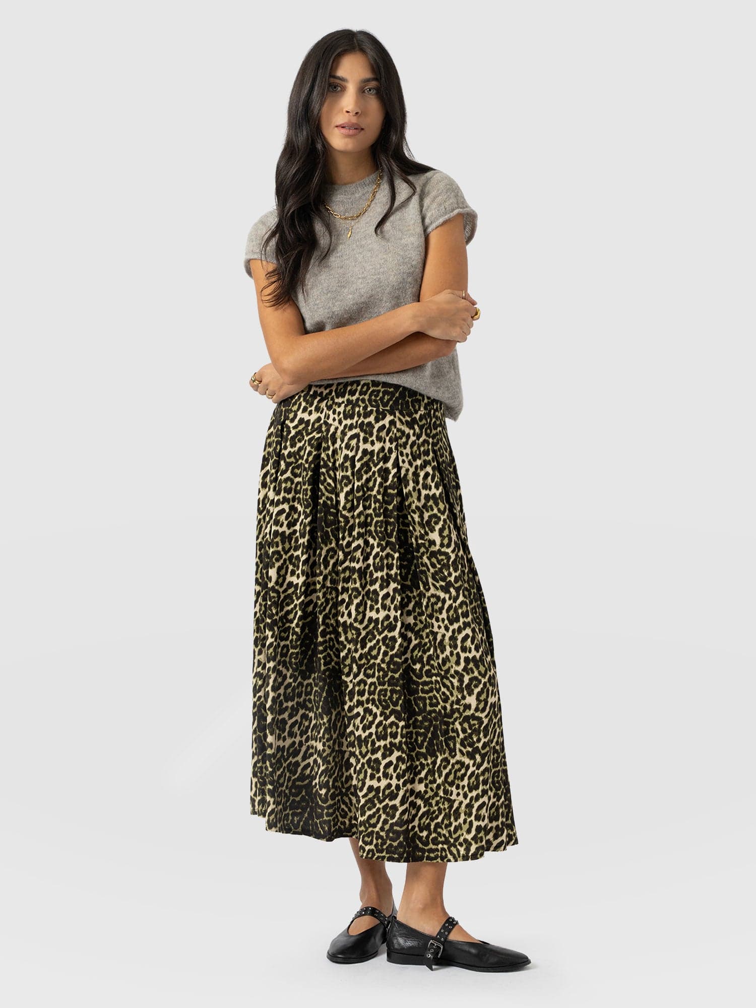 Eliza Pleated Skirt - Green Leopard - Women's Skirts | Saint + Sofia® UK