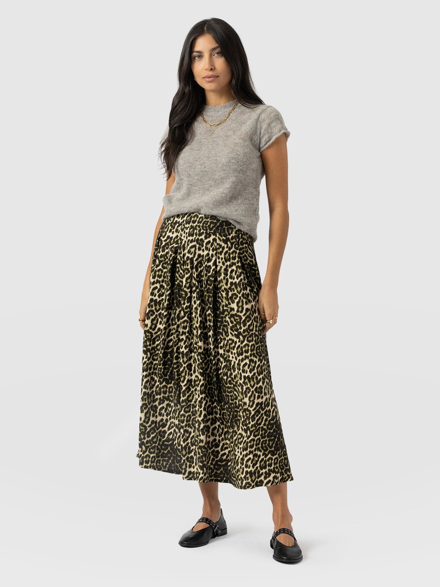 Eliza Pleated Skirt - Green Leopard - Women's Skirts | Saint + Sofia® UK