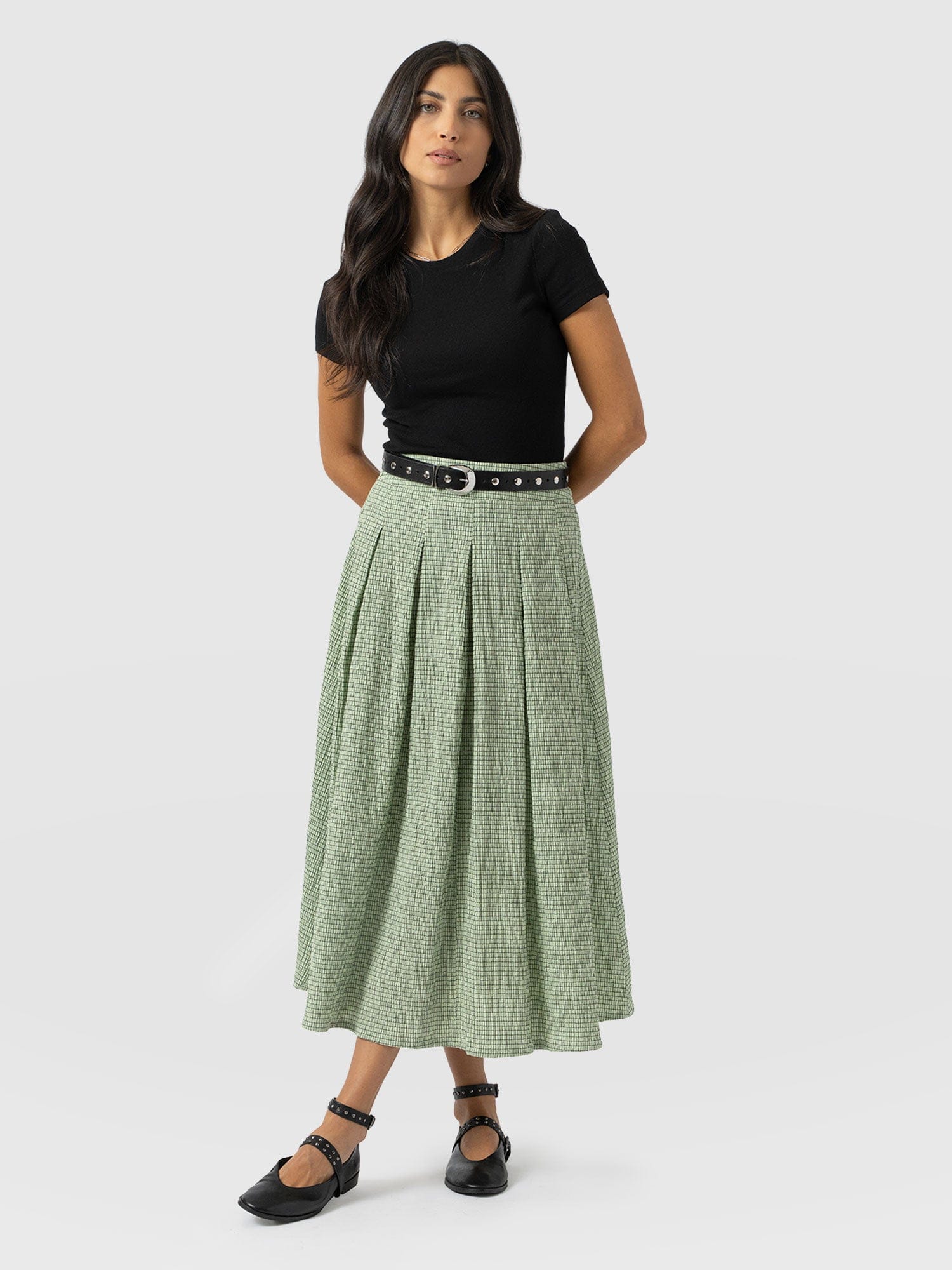 Eliza Pleated Skirt - Mint Gingham - Women's Skirts | Saint + Sofia® UK