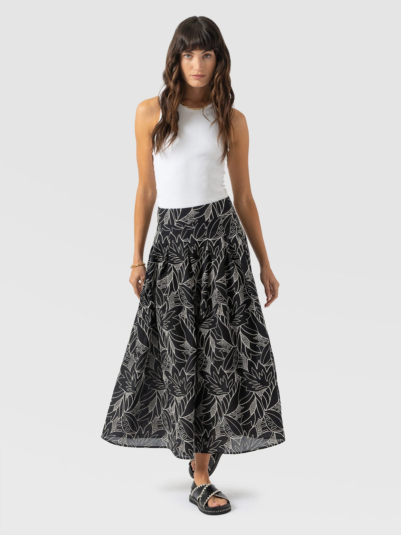 Eliza Pleated Skirt - Black Embroidered - Women's Skirts | Saint + Sofia® UK
