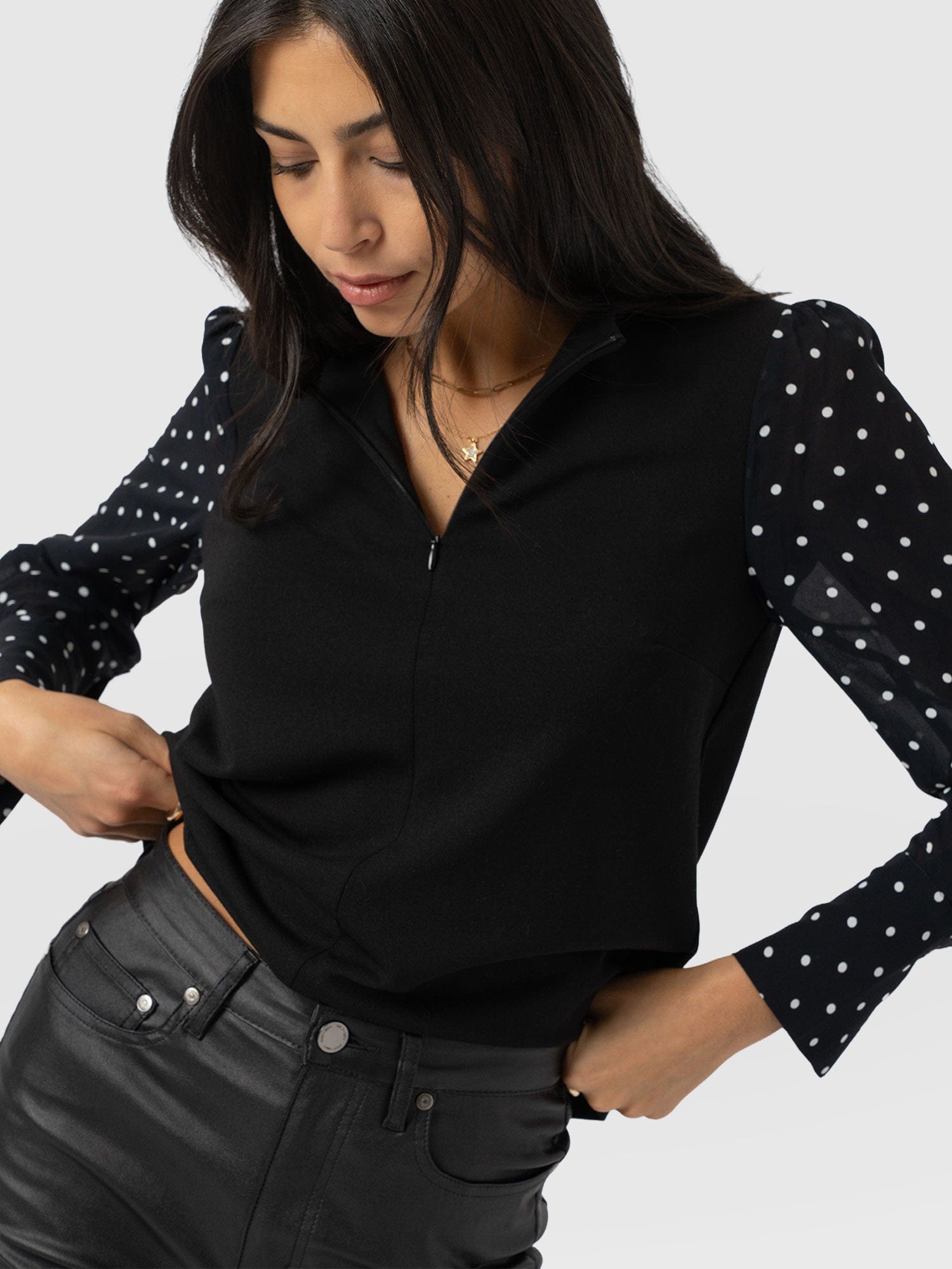 Ella Zip Up Top - Black Polka Dot