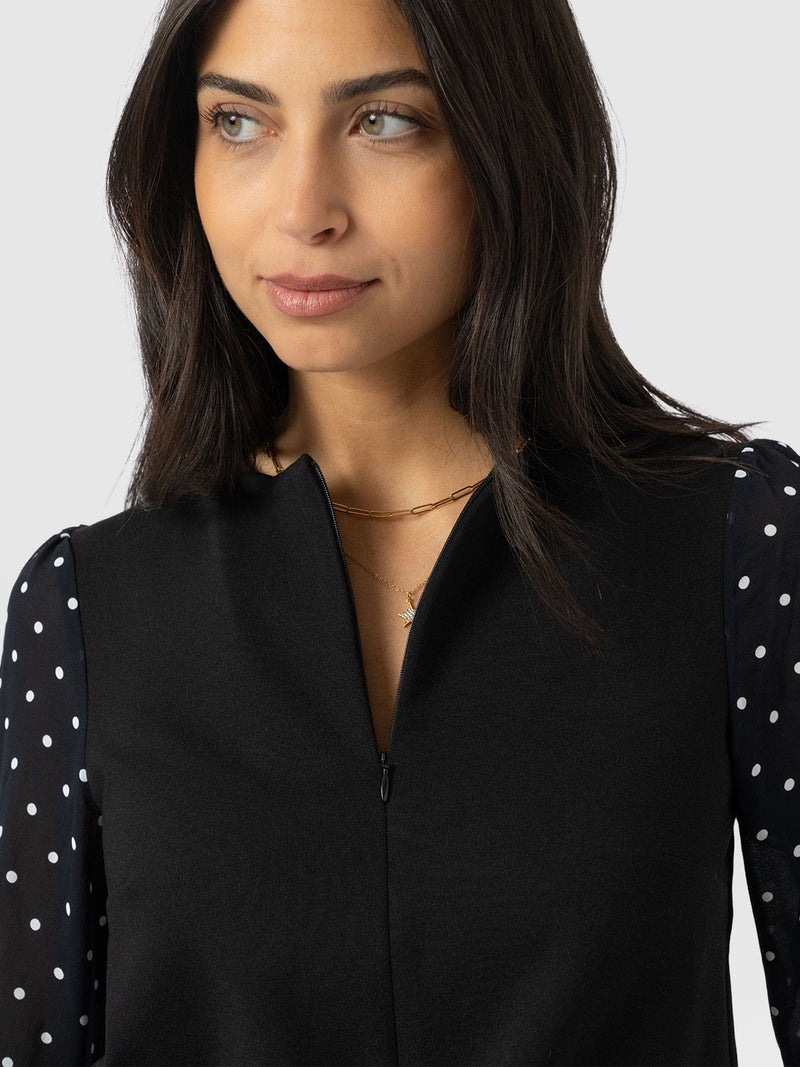 Ella Zip Up Top - Black Polka Dot - Women's T-shirts | Saint + Sofia® UK