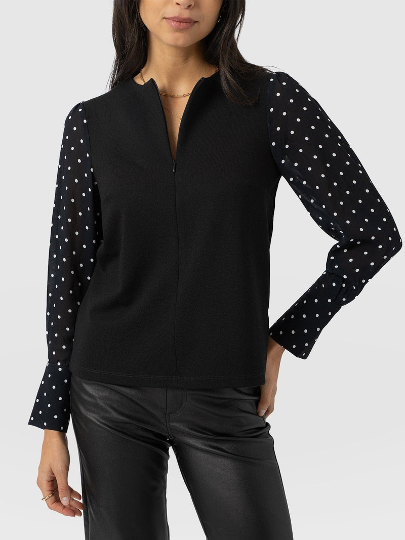 Ella Zip Up Top - Black Polka Dot - Women's T-shirts | Saint + Sofia® UK