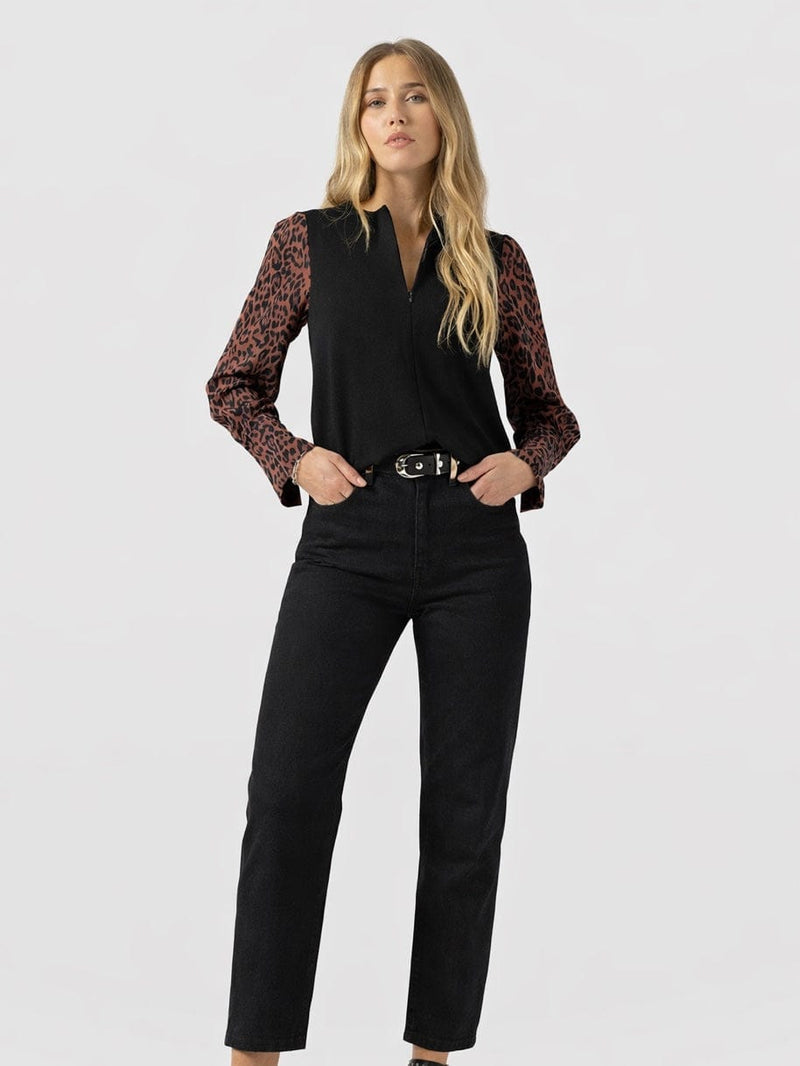 Ella Zip Up Top - Brown Leopard - Women's T-shirts | Saint + Sofia® UK