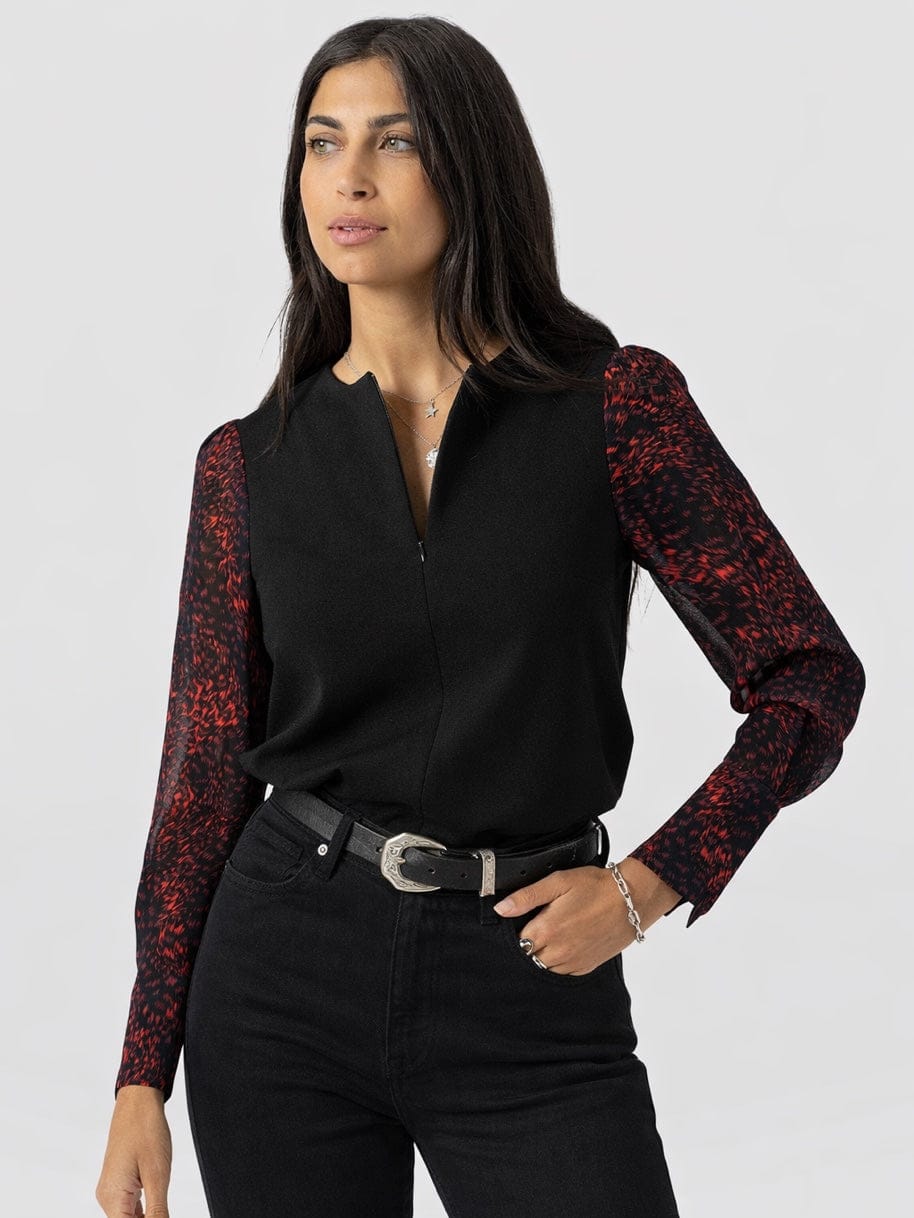 Ella Zip Up Top - Red Fade Spot