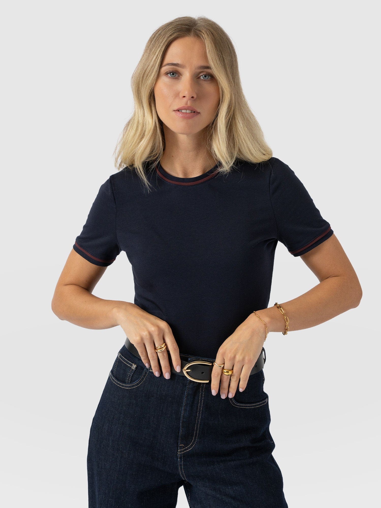 Ellen Piping Tee - Navy - Women's T-shirts | Saint + Sofia® UK