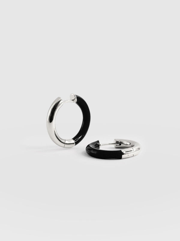 Enamel Hoop Earrings - Silver/Black
