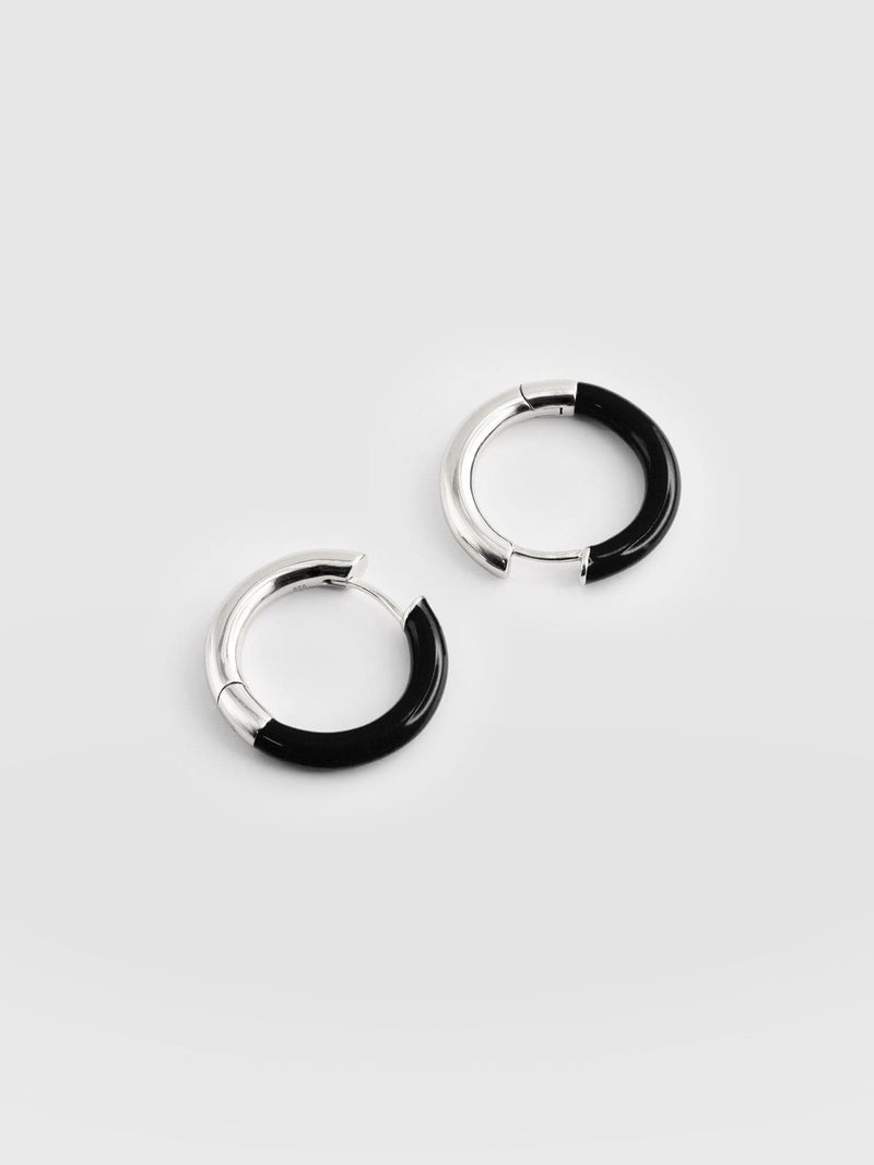 Enamel Hoop Earrings - Silver/Black