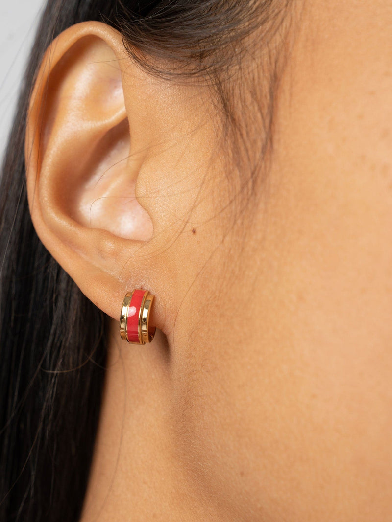 Enamel Stripe Huggie Earrings - Gold/Red