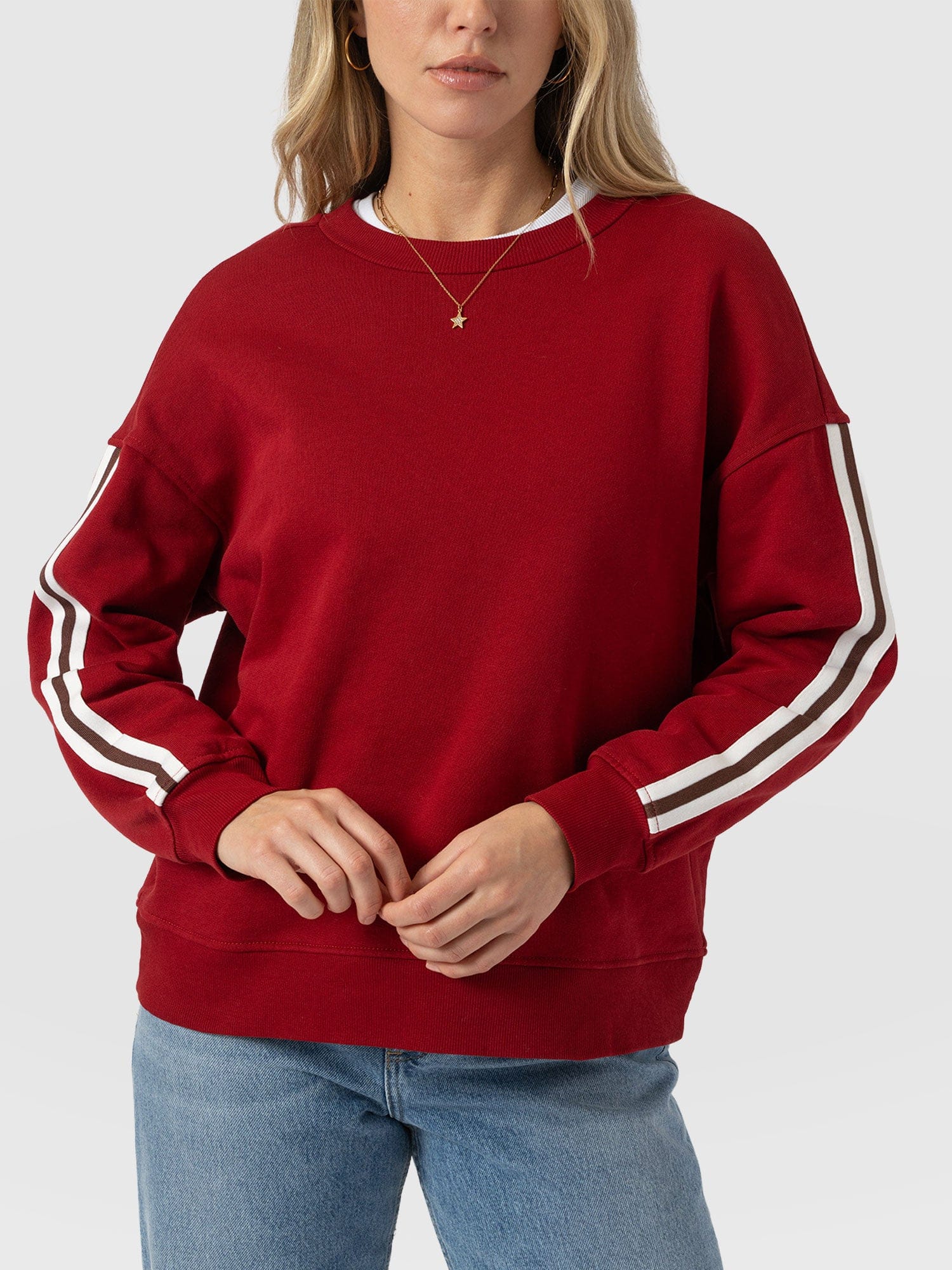 Victory Sweatshirt - Red - Brown Stripe - Women's Jumpers | Saint and Sofia® UK