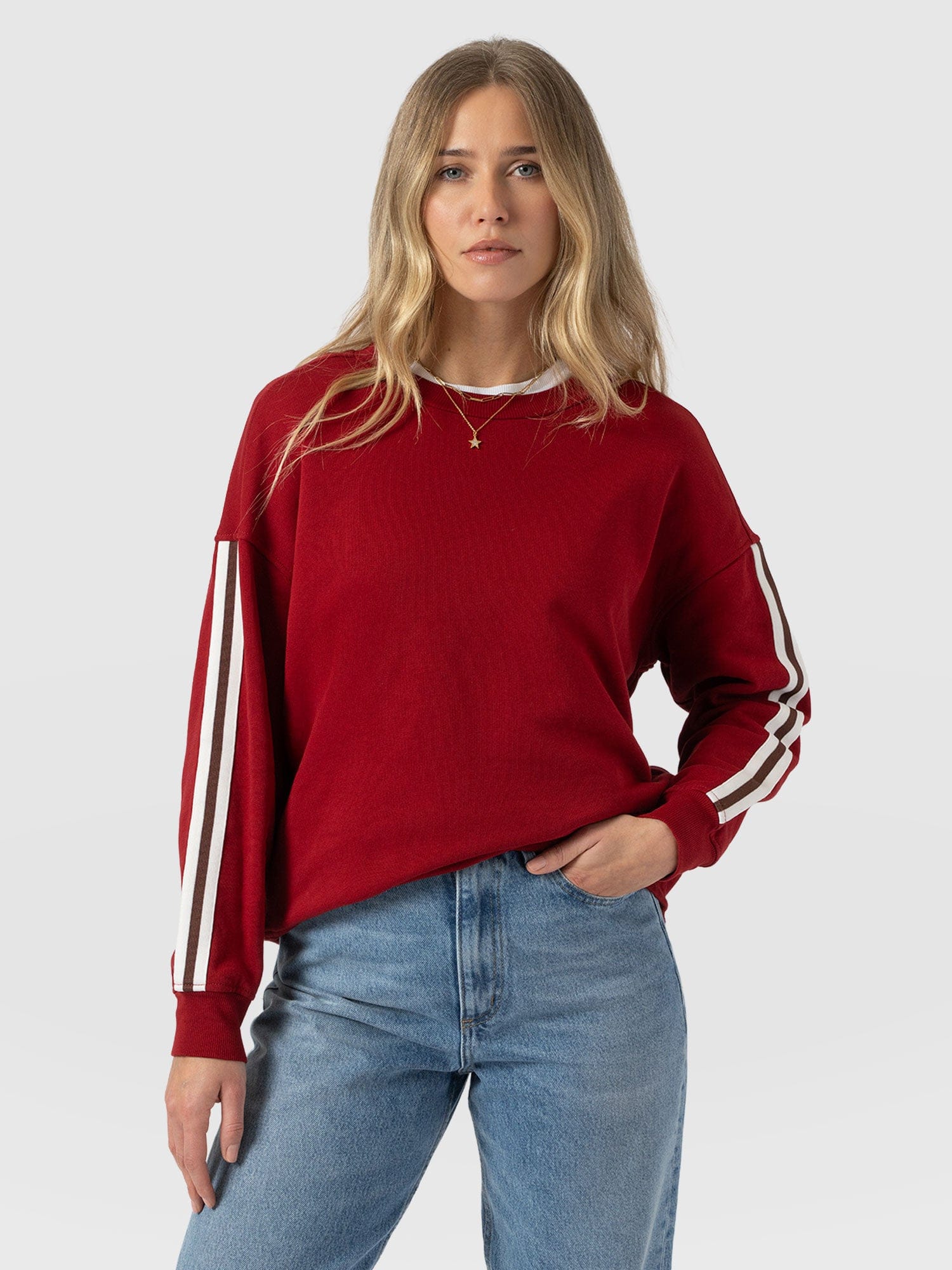 Victory Sweatshirt - Red - Brown Stripe - Women's Jumpers | Saint and Sofia® UK