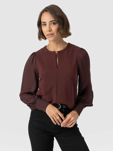 Esme Zip Up Top - Maroon - Women's T-shirts | Saint and Sofia® UK