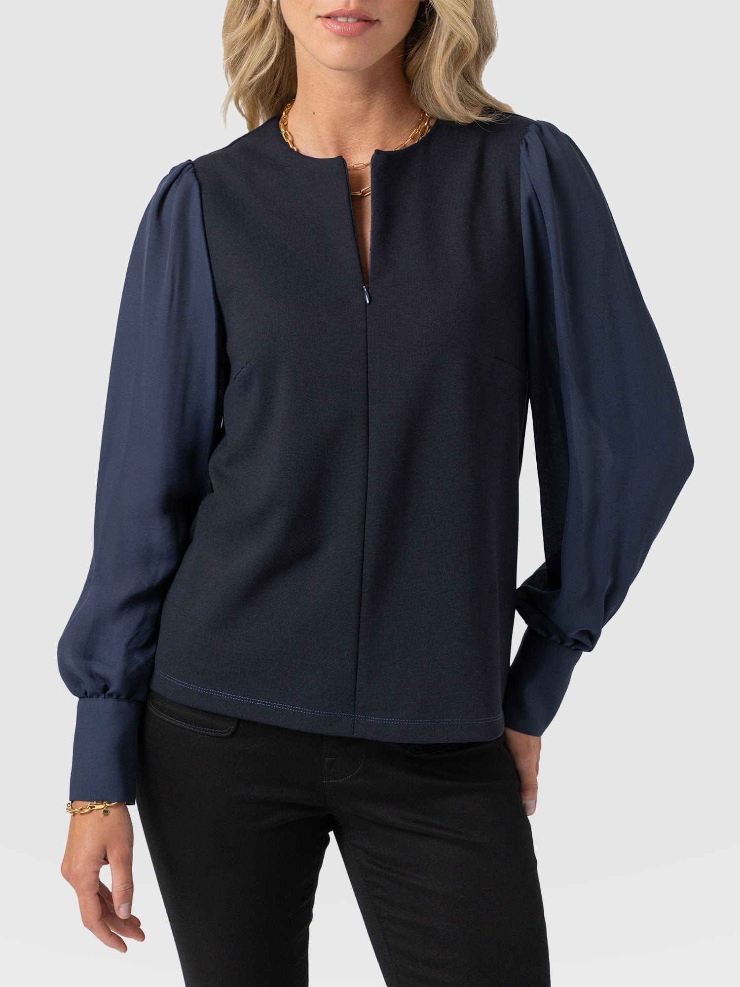 Esme Zip Up Top - Navy - Women's T-shirts | Saint + Sofia® UK