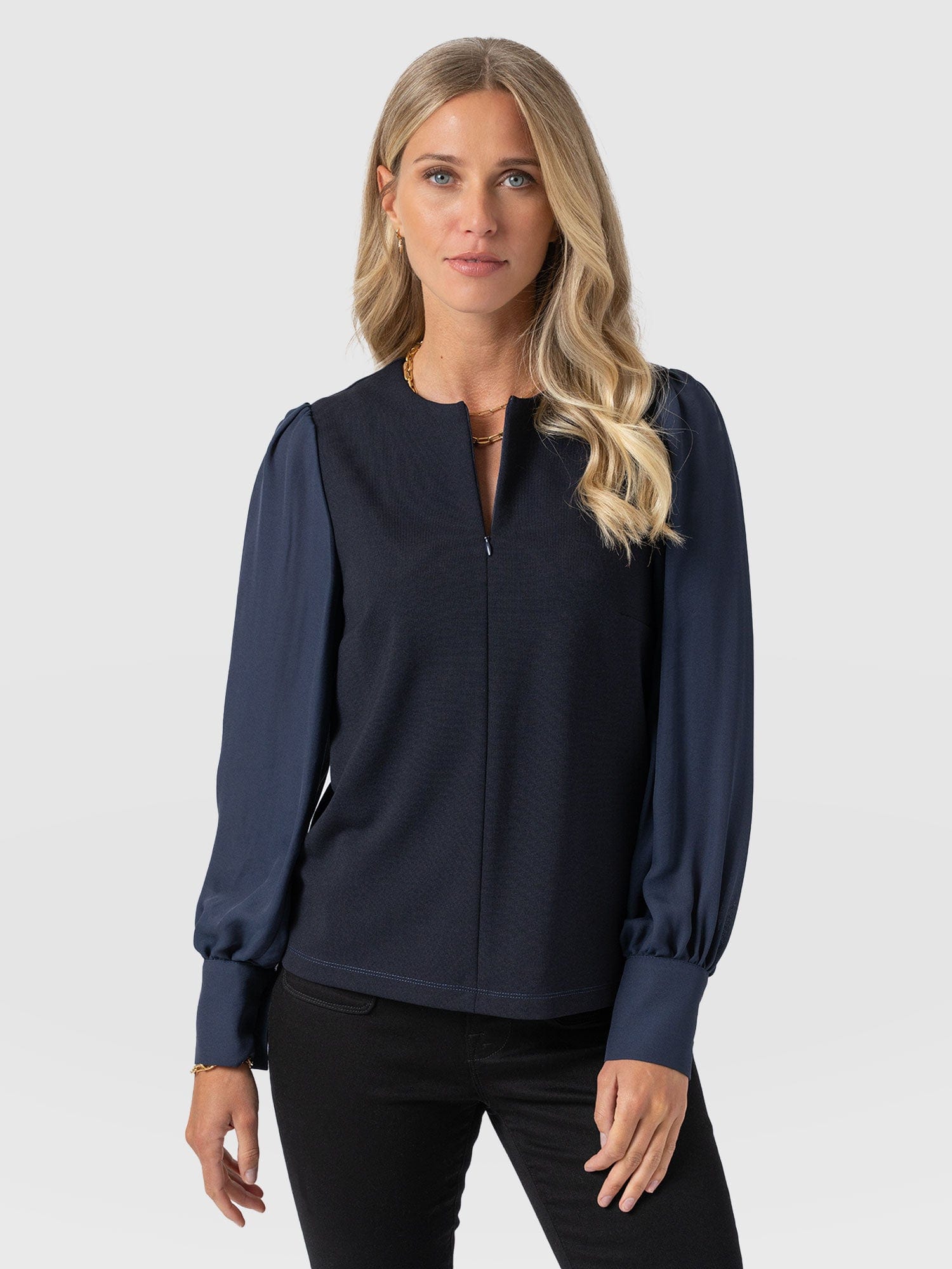 Esme Zip Up Top - Navy - Women's T-shirts | Saint + Sofia® UK