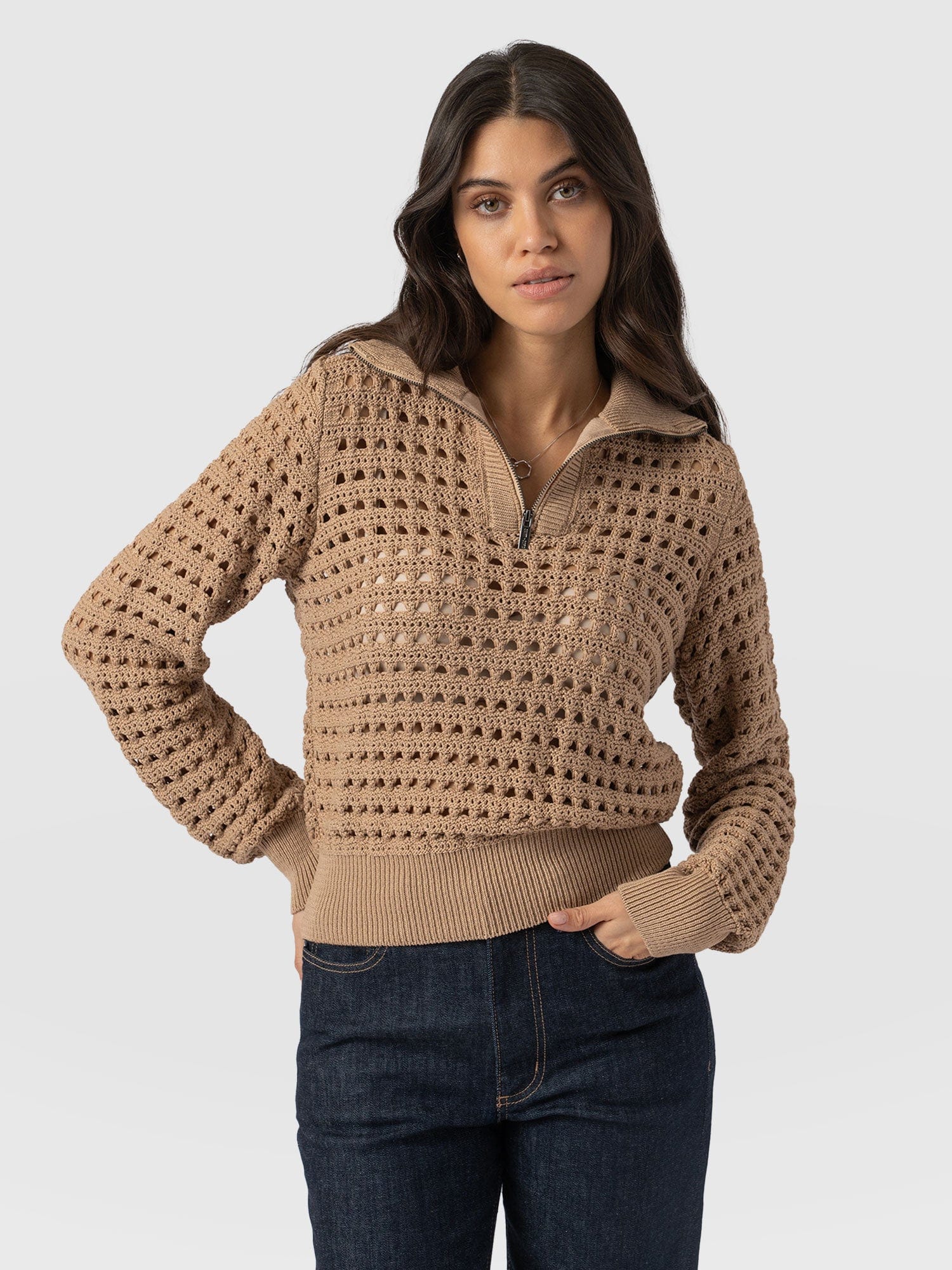 Ester Quarter Zip Knit - Camel - Women's Knitwear | Saint + Sofia® UK