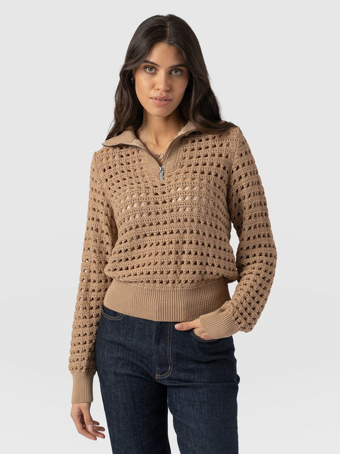 Ester Quarter Zip Knit - Camel - Women's Knitwear | Saint + Sofia® UK