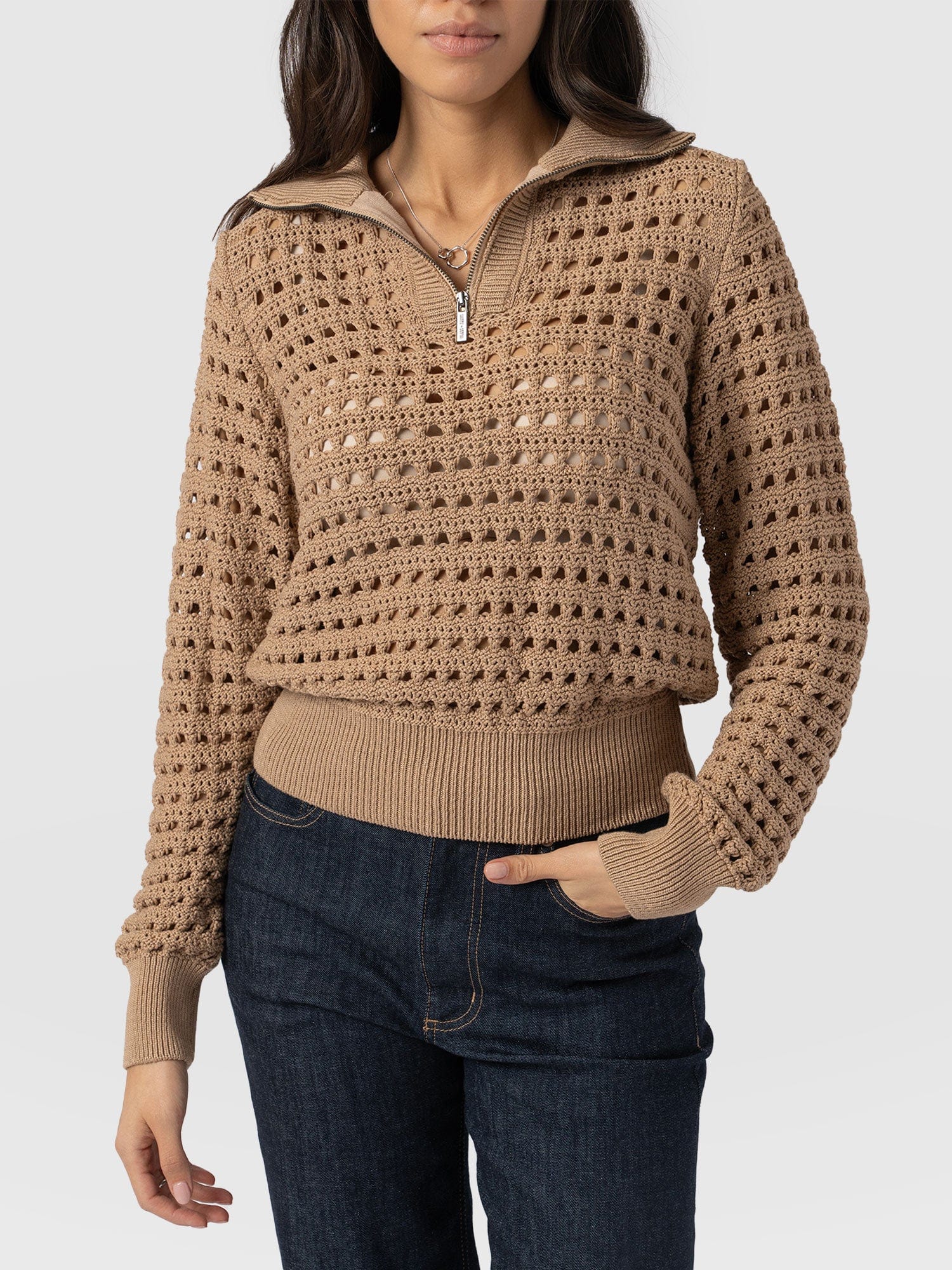 Ester Quarter Zip Knit - Camel - Women's Knitwear | Saint + Sofia® UK
