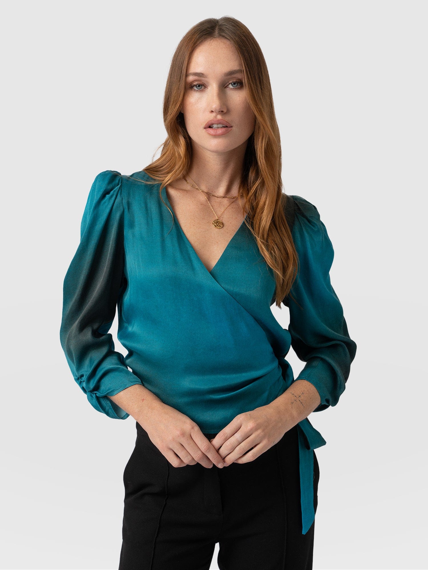 Ester Ruched Wrap Top Blue Coral Women's Tops Saint + Sofia® UK