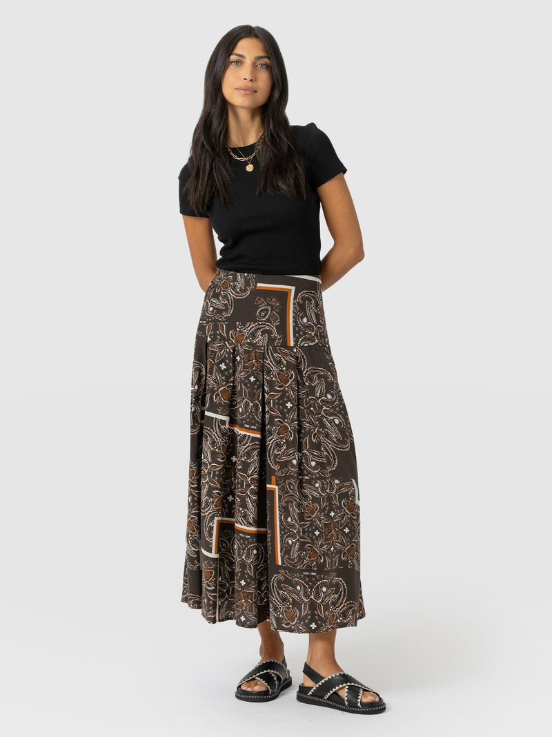 Everly Pleated Skirt - Brown Paisley