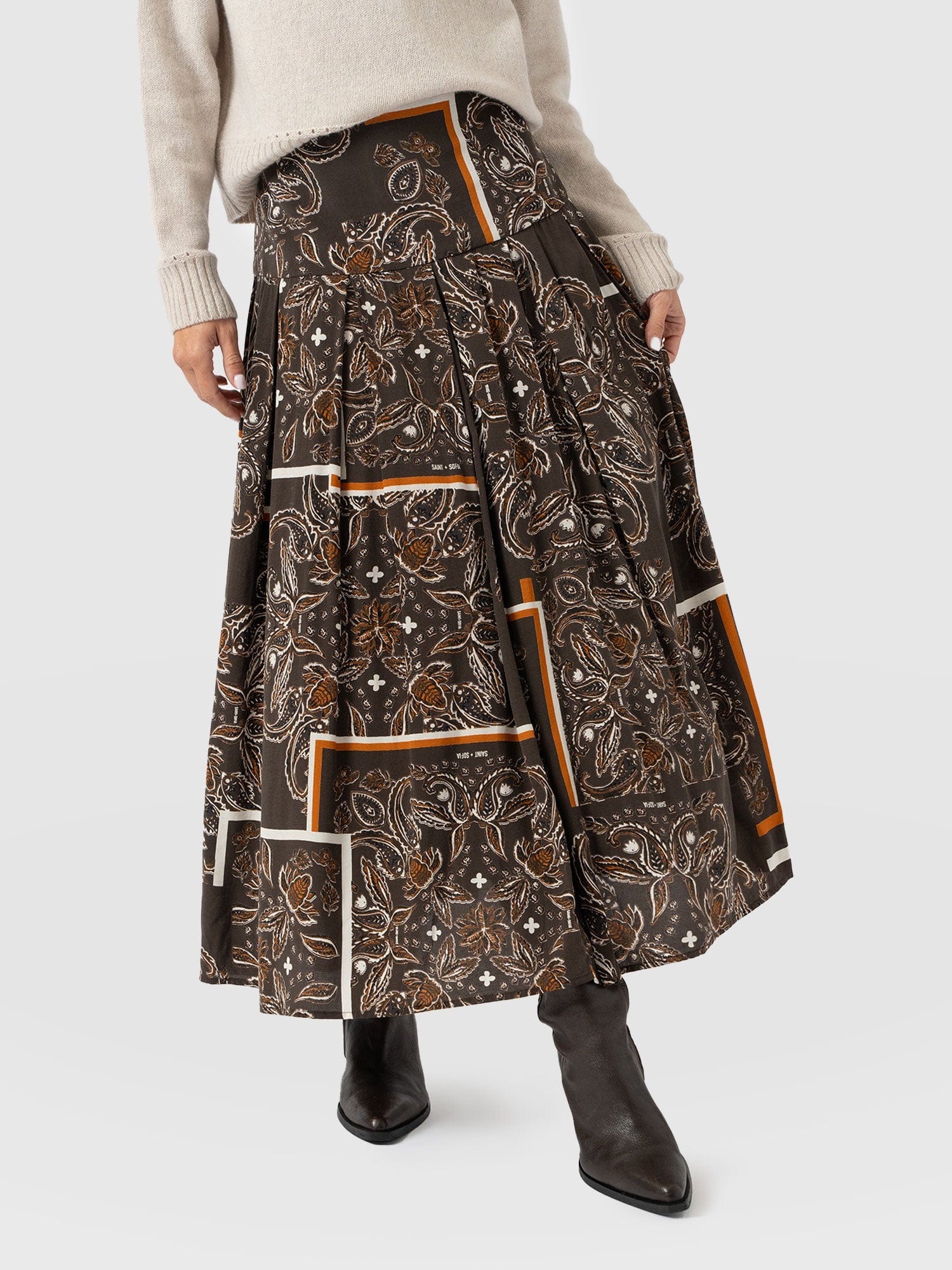 Everly Pleated Skirt - Brown Paisley