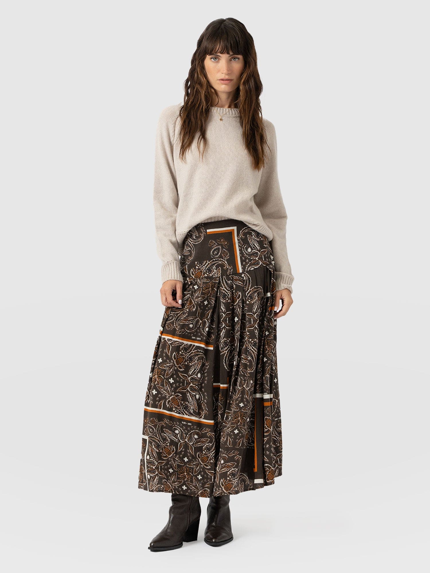 Everly Pleated Skirt - Brown Paisley