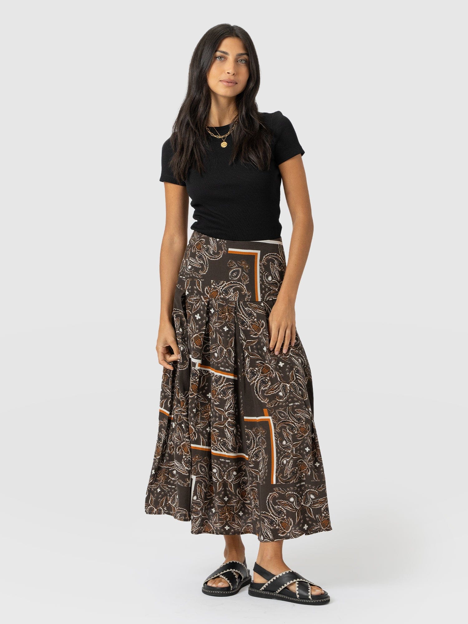 Everly Pleated Skirt - Brown Paisley