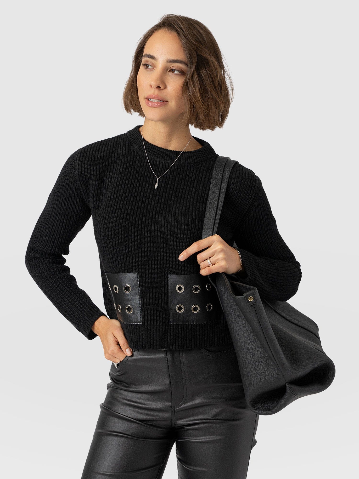 Eyelet Rib Knit Jumper - Black