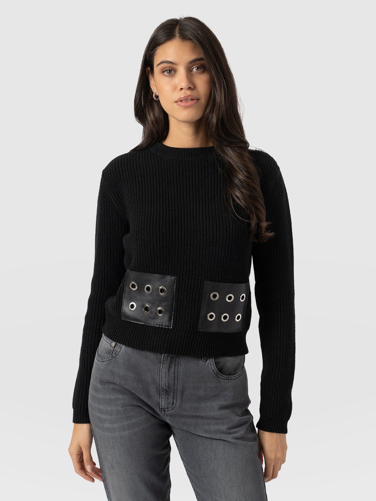 Eyelet Rib Knit Jumper - Black