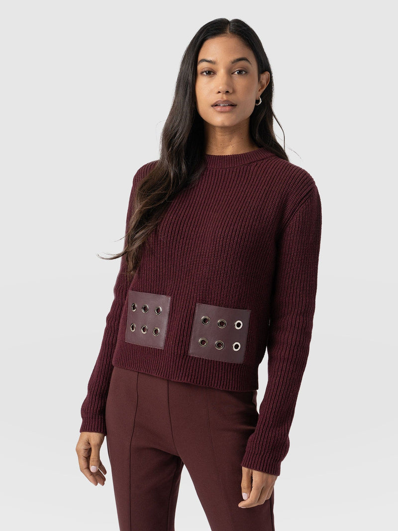 Eyelet Rib Knit Jumper - Maroon