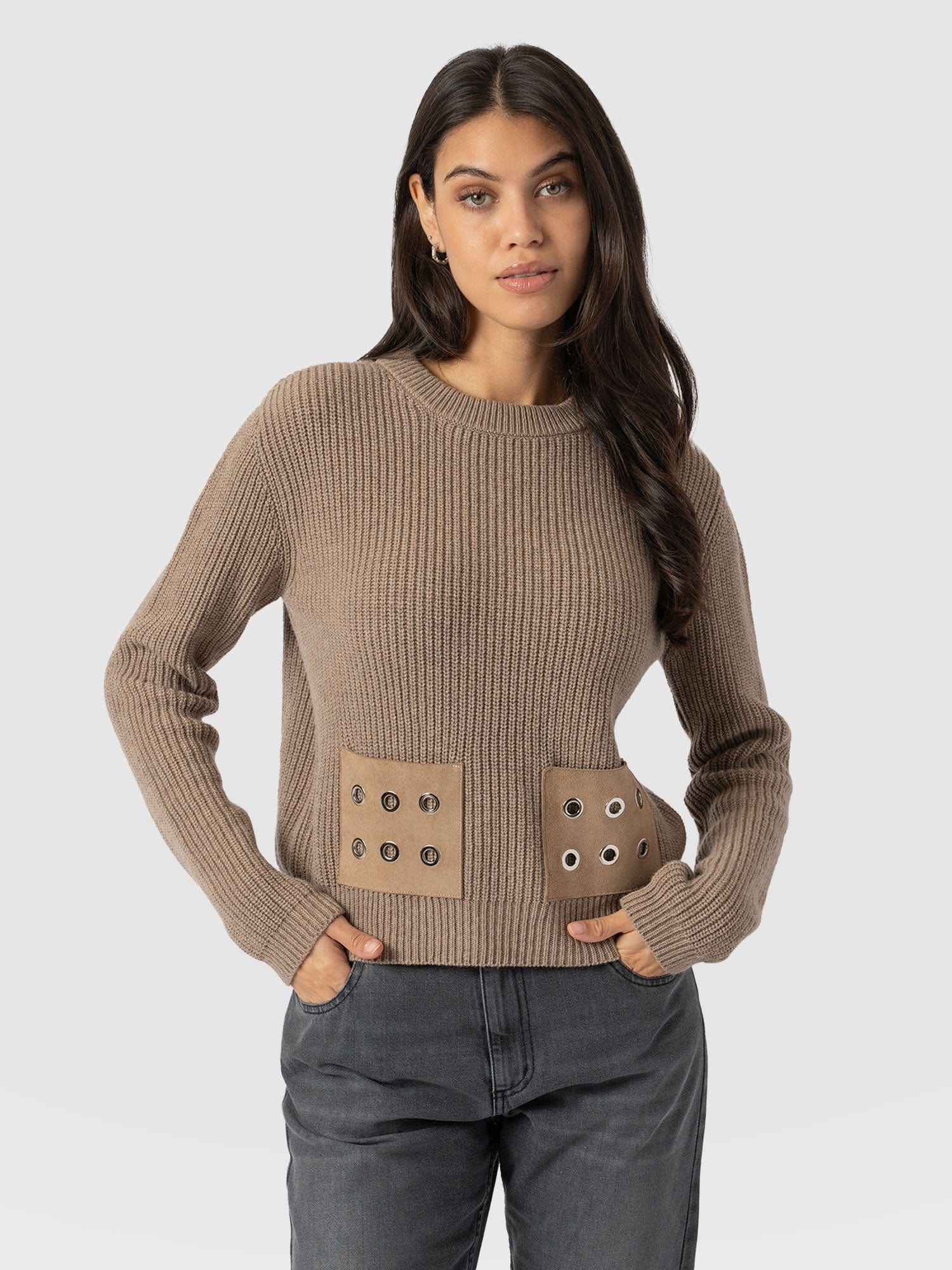 Eyelet Rib Knit Jumper Mocha - Women's Jumpers | Saint + Sofia® UK