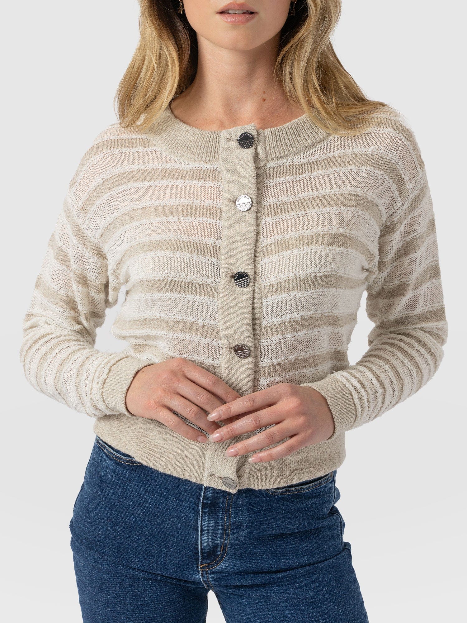 Fearne Knit Cardigan - Cream Stripe - Women's Cardigans | Saint and Sofia® UK