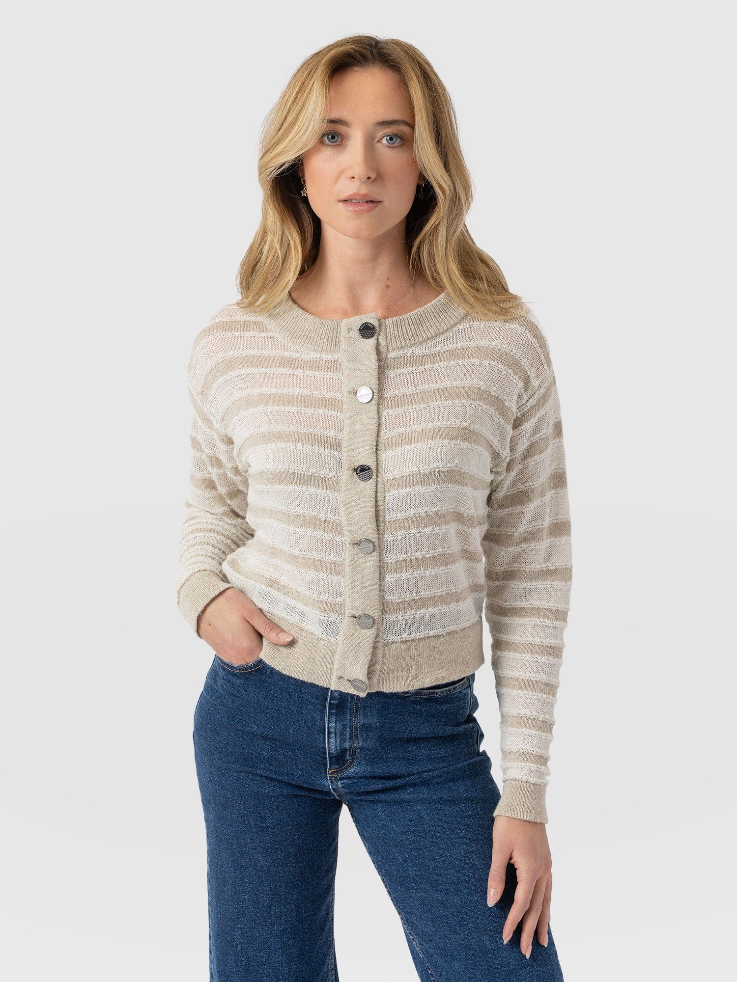 Fearne Knit Cardigan - Cream Stripe - Women's Cardigans | Saint and Sofia® UK